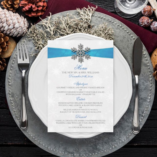 Diamante Snowflake & Blue Ribbon Winter Wedding Menu (Creator Uploaded)