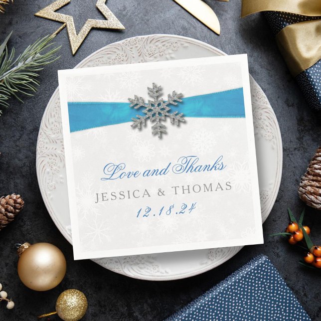 Diamante Snowflake & Blue Ribbon Winter Wedding Napkin (Creator Uploaded)