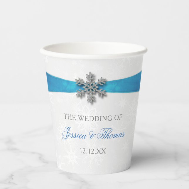 Diamante Snowflake & Blue Ribbon Winter Wedding Paper Cups (Front)