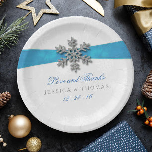 Diamante Snowflake & Blue Ribbon Winter Wedding Paper Plate
