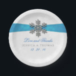 Diamante Snowflake & Blue Ribbon Winter Wedding Paper Plate<br><div class="desc">The diamante snowflake & blue ribbon wedding collection is perfect for any couple planning a romantic winter wedding celebration. The design features a light silvery grey and white snowflake textured background with a diamante snowflake on top of a silky looking ribbon. The wording incorporates the same silvery grey and blue...</div>