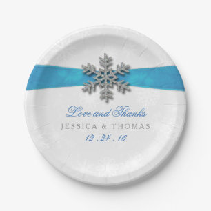 Diamante Snowflake & Blue Ribbon Winter Wedding Paper Plate