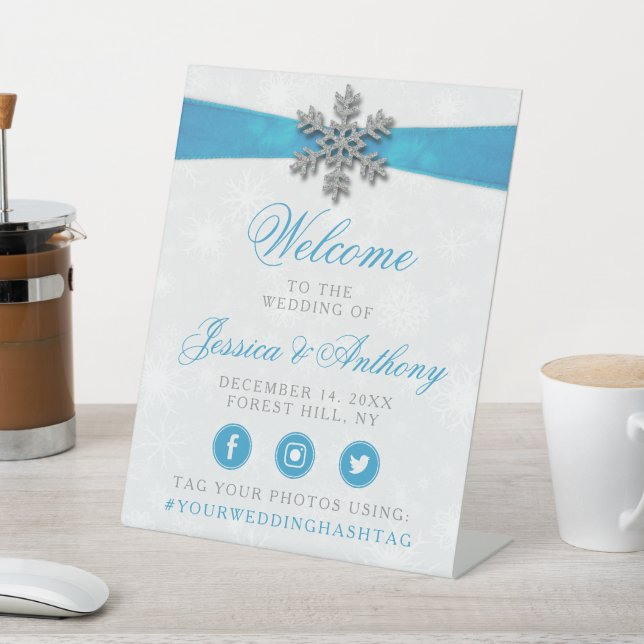 Diamante Snowflake & Blue Ribbon Winter Wedding Pedestal Sign (In SItu)