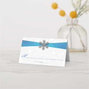 Diamante Snowflake & Blue Ribbon Winter Wedding Place Card