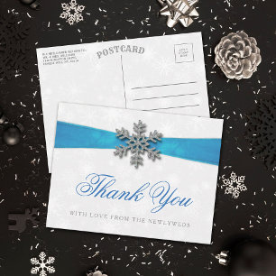 Diamante Snowflake & Blue Ribbon Winter Wedding Postcard