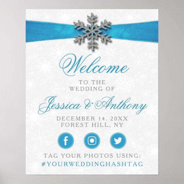 Diamante Snowflake & Blue Ribbon Winter Wedding Poster (Front)