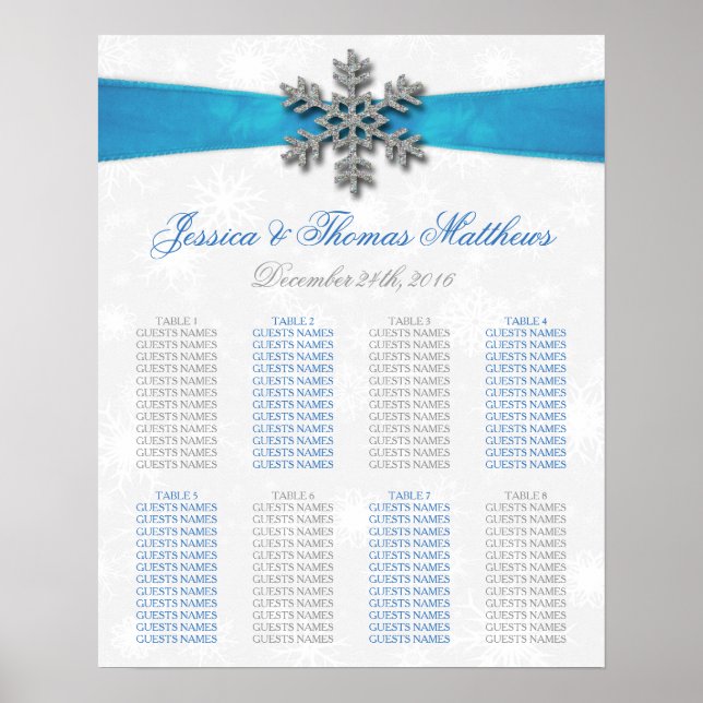 Diamante Snowflake & Blue Ribbon Winter Wedding Poster (Front)