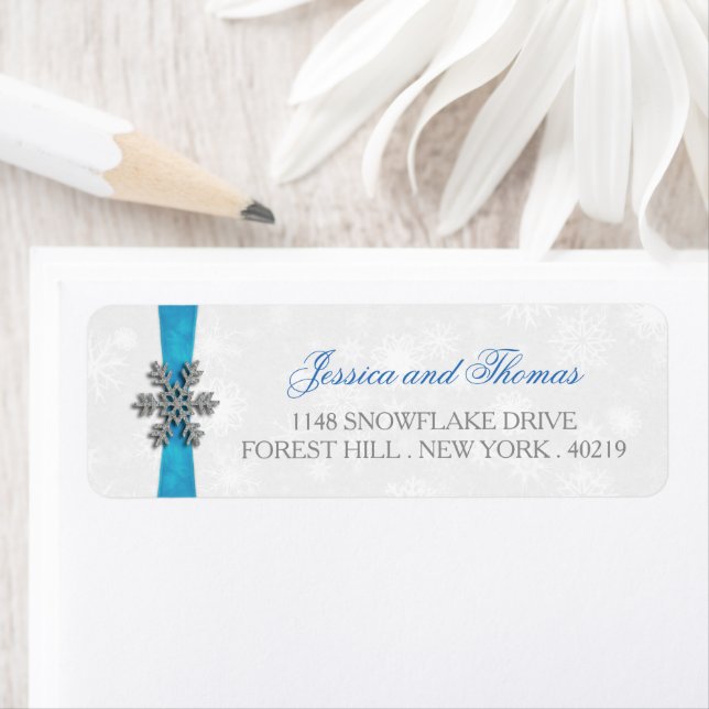 Diamante Snowflake & Blue Ribbon Winter Wedding Return Address Label (Insitu)