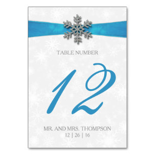 Diamante Snowflake & Blue Ribbon Winter Wedding Table Number