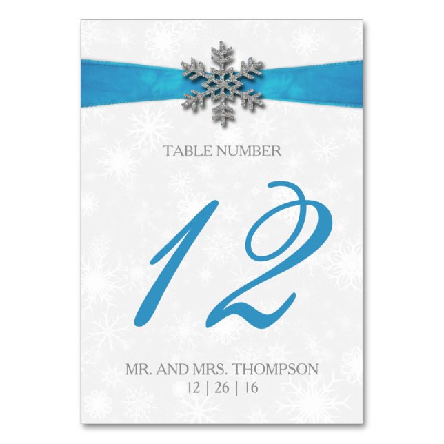 Diamante Snowflake & Blue Ribbon Winter Wedding Table Number (Front)