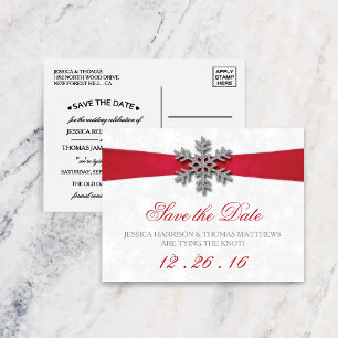 Diamante Snowflake & Red Ribbon Winter Wedding Announcement Postcard