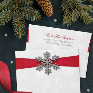 Diamante Snowflake & Red Ribbon Winter Wedding Envelope