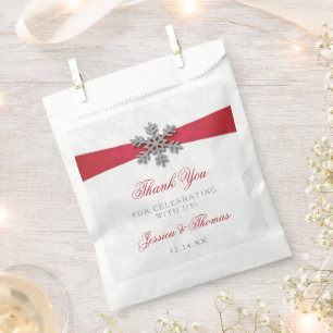 Diamante Snowflake & Red Ribbon Winter Wedding Favour Bag