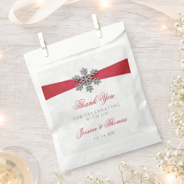 Diamante Snowflake & Red Ribbon Winter Wedding Favour Bag (Clipped)