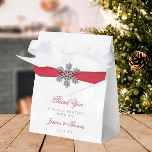 Diamante Snowflake & Red Ribbon Winter Wedding Favour Box
