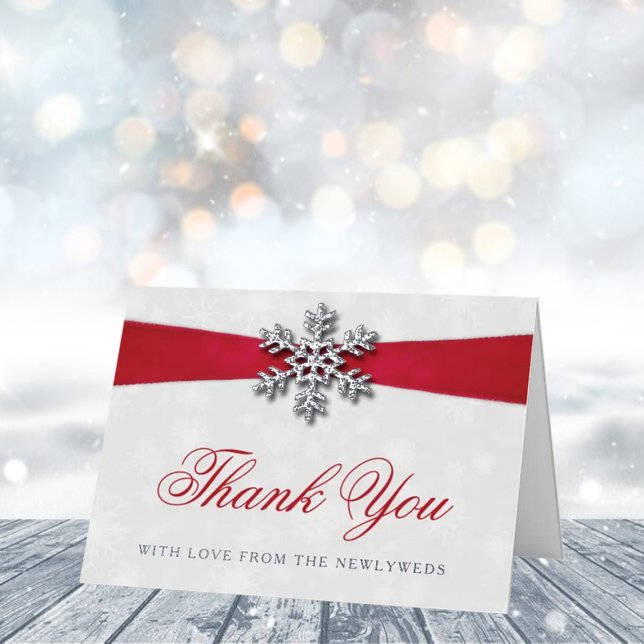 Diamante Snowflake & Red Ribbon Winter Wedding Foil Greeting Card (Creator Uploaded)