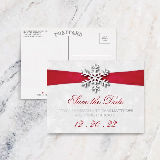 Diamante Snowflake & Red Ribbon Winter Wedding Foil Invitation Postcard (Creator Uploaded)