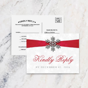 Diamante Snowflake & Red Ribbon Winter Wedding Invitation Postcard