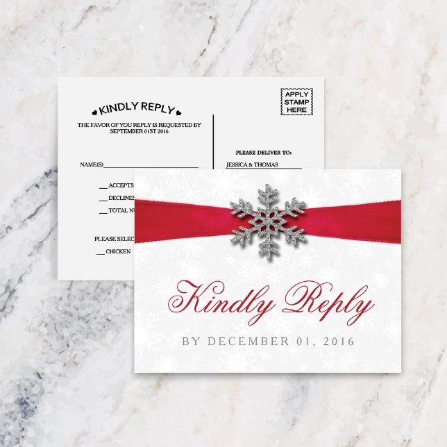 Diamante Snowflake & Red Ribbon Winter Wedding Invitation Postcard (Creator Uploaded)
