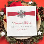 Diamante Snowflake & Red Ribbon Winter Wedding Napkin<br><div class="desc">The diamante snowflake & red ribbon wedding collection is perfect for any couple planning a romantic winter wedding celebration. The design features a light silvery grey and white snowflake textured background with a diamante snowflake on top of a silky looking ribbon. The wording incorporates the same silvery grey and red...</div>