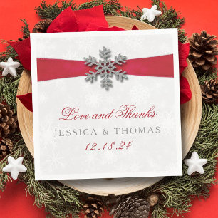 Diamante Snowflake & Red Ribbon Winter Wedding Napkin