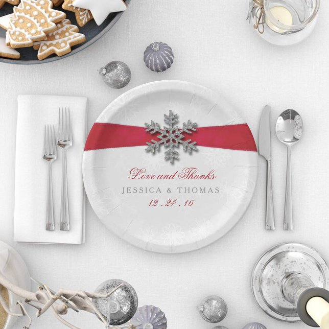 Diamante Snowflake & Red Ribbon Winter Wedding Paper Plate (Creator Uploaded)