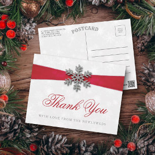 Diamante Snowflake & Red Ribbon Winter Wedding Postcard