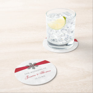 Diamante Snowflake & Red Ribbon Winter Wedding Round Paper Coaster
