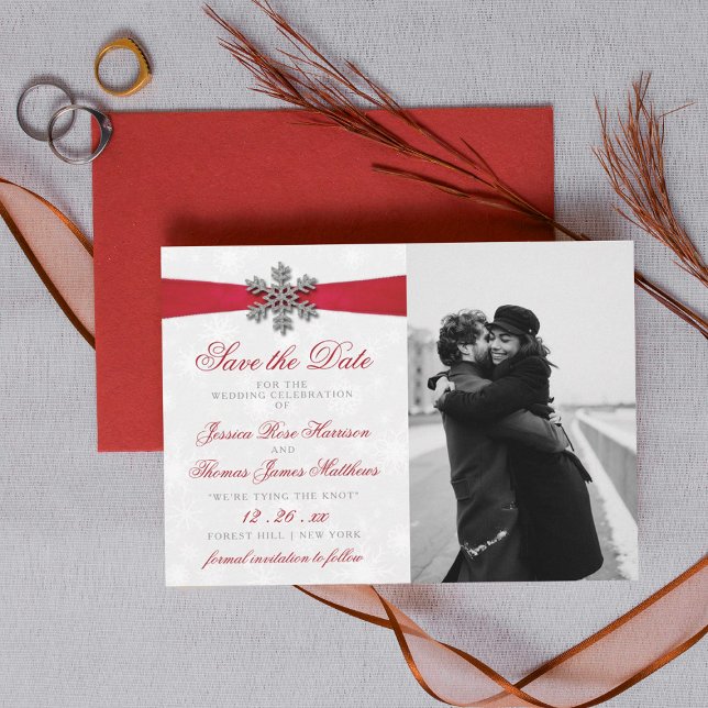 Diamante Snowflake & Red Ribbon Winter Wedding Save The Date (Creator Uploaded)