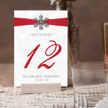 Diamante Snowflake & Red Ribbon Winter Wedding Table Number<br><div class="desc">The diamante snowflake & red ribbon wedding collection is perfect for any couple planning a romantic winter wedding celebration. The design features a light silvery grey and white snowflake textured background with a diamante snowflake on top of a silky looking ribbon. The wording incorporates the same silvery grey and red...</div>