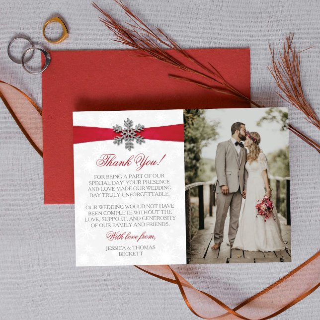 Diamante Snowflake & Red Ribbon Winter Wedding Thank You Card (Creator Uploaded)