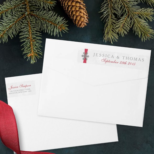 Diamante Snowflake & Red Ribbon Winter Wedding Wrap Around Label (Creator Uploaded)