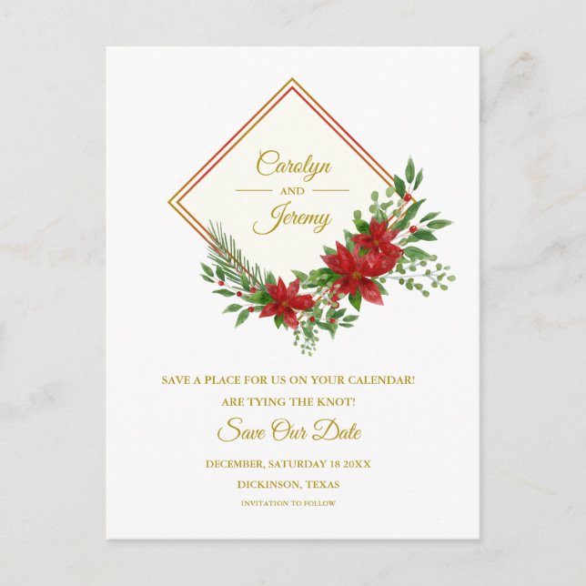 Diamod & Poinsettias Christmas Inspired Wedding Holiday Postcard (Front)