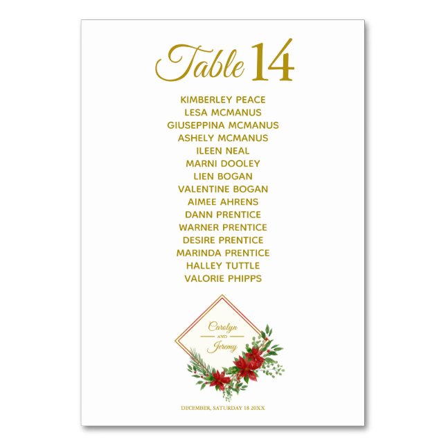 Diamod & Poinsettias Christmas Inspired Wedding Table Number (Front)