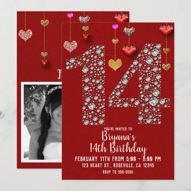 Diamond 14 Valentine's 14th Birthday Party Photo Invitation (Front/Back)