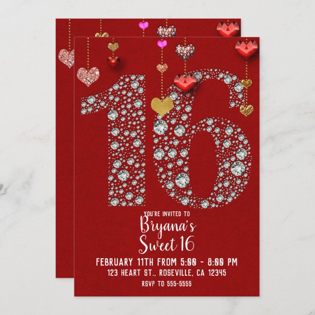 Diamond 16 Valentine's Hearts Birthday Party Invitation (Front/Back)