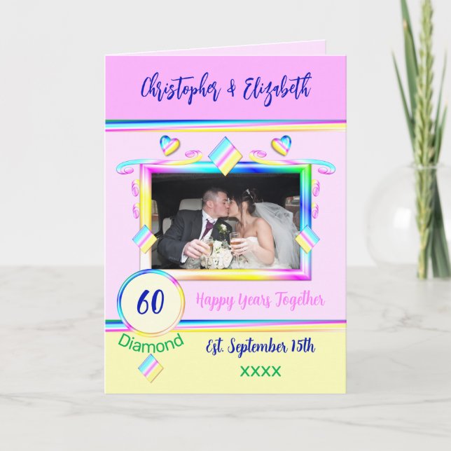 Diamond 60th anniversary add photo names pink card (Front)