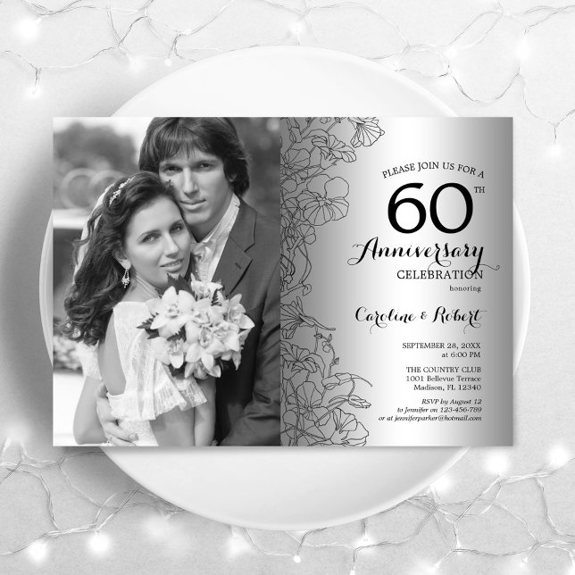 Diamond 60th Anniversary With Photo Silver Floral Invitation (Creator Uploaded)