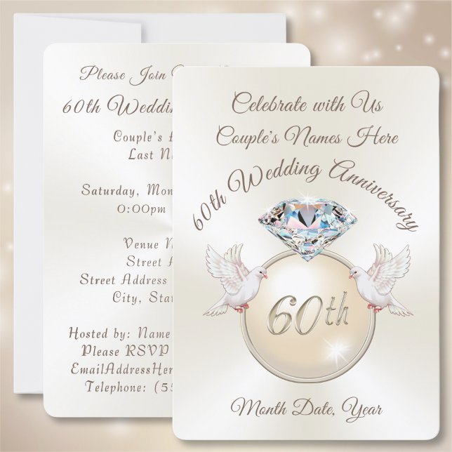 Diamond 60th Wedding Anniversary Invitations (60th wedding anniversary invitation cards. Diamond anniversary. 60th anniversary party supplies. )