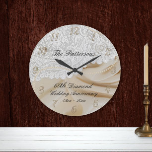 Diamond 60th Wedding Anniversary Satin Lace Large Large Clock
