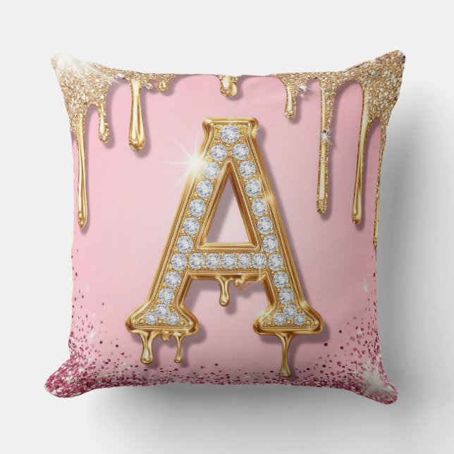 Diamond A Pink Glitter Gold Frame Monogram Cushion (Front)