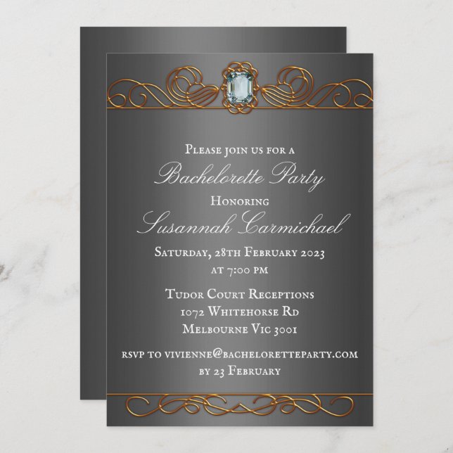 Diamond and Gold Dark Silver Bachelorette  Invitation (Front/Back)