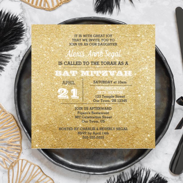 Diamond and Gold Glitter Glam Bat Mitzvah Invitation (Creator Uploaded)