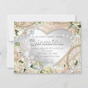 Diamond and Pearl White Rose Quinceanera Invitation