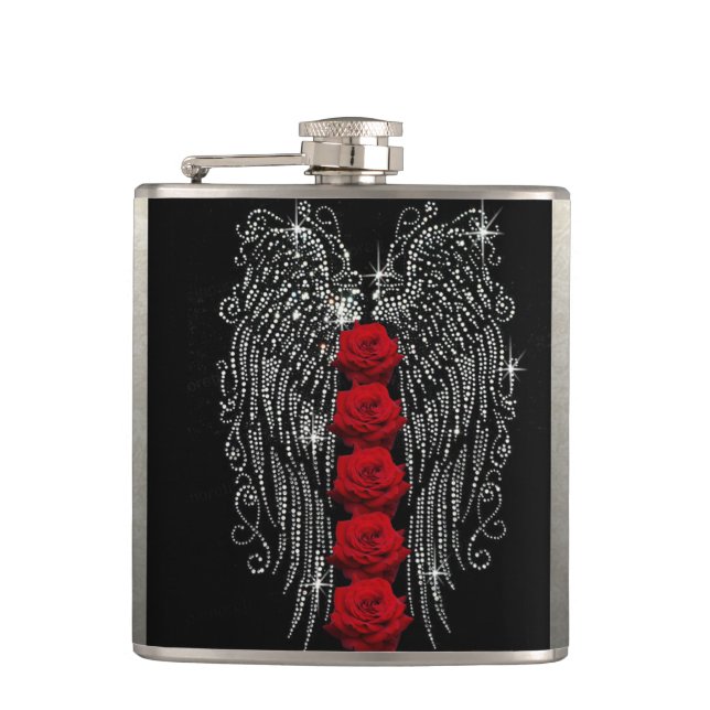 Diamond Angel Wings & Red Roses Hip Flask (Front)