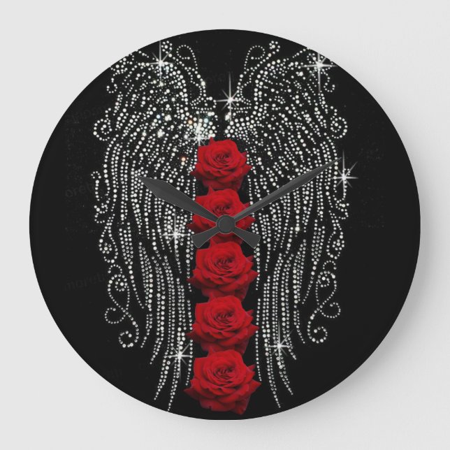 Diamond Angel Wings & Red Roses Large Clock (Front)