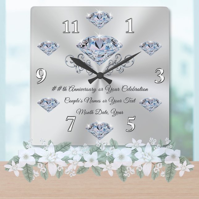 Diamond Anniversary Clock or Your Celebration (Diamond wedding anniversary gifts for parents. 10 years of marriage gifts. Clock anniversary gift.)