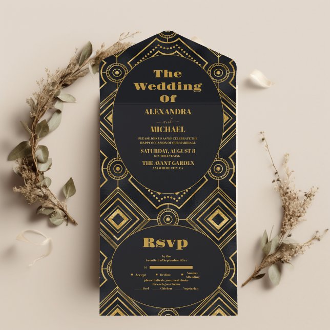 Diamond Black and Gold Art Deco Wedding  All In One Invitation (Creator Uploaded)