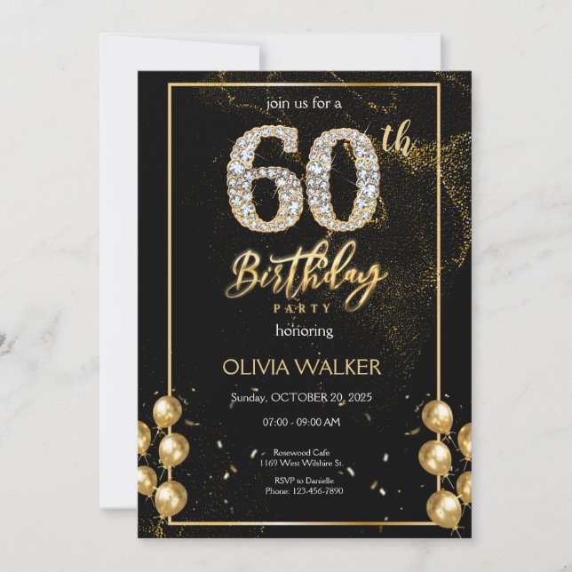 Diamond Black and Gold Birthday  Invitation (Front)