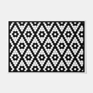 Diamond Black and White Modern Faux Hex Tile Doormat